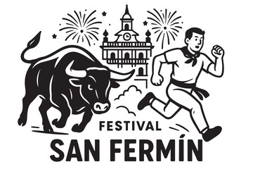 Vector background themed San Fermin Festival Spain, black and white concept, featuring running bulls, cheering crowds, and traditional costumes outlined strongly in bold black.