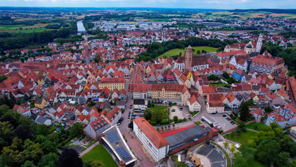 Aerial panorama view of the old town in the city Donauworth in bavaria in Germany on a sunny day in spring