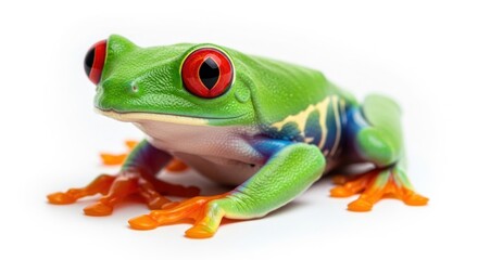 Obraz premium Vibrant Red-Eyed Tree Frog Portrait on White Background, Striking Colors and Detail
