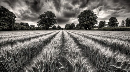 Dramatic monochrome field of wheat beneath a stormy sky invoking rural serenity