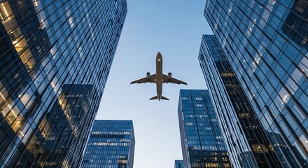 Jetliner Ascends Through a Symmetrical Canyon of Modern Glass Skyscrapers.