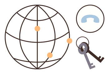 Globe with interconnected points symbolizes networking phone receiver suggests communication, and keys represent access and security. Ideal for global networking, communication, digital security
