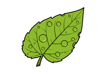 Isolated Green Leaf Illustration with Transparent Drops on Black Background