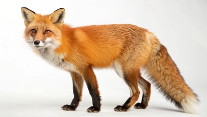 Fototapeta premium A portrait of a standing young red fox, a wild mammal with white fur, isolated on a white background