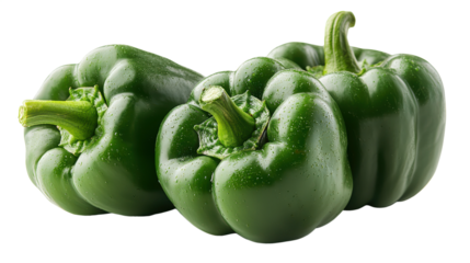 Green bell peppers with water droplets showing detailed stems and shiny fresh surfaces, PNG, isolated on transparent background.