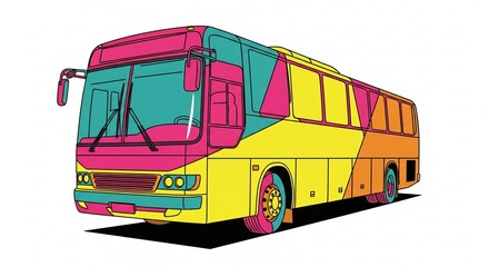 Dynamic Pop Art Style Cartoon Bus Illustration with Bold Colors, Vibrant Public Transportation Vehicle in Pink, Teal, Yellow and Orange.