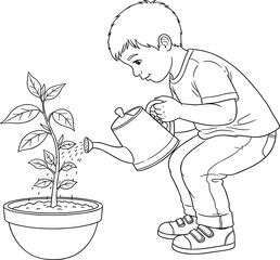 Child watering plant, gardening activity, environmental care, nurturing nature, kid with watering can, potted plant growth, eco-friendly lifestyle, outdoor learning