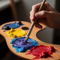 Artistic exploration: Hand deftly mixing vibrant hues on a wooden palette expressing creativity and skill in the