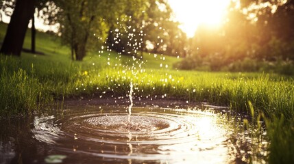 Sunlit Fountain Splashing in a Lush Green Meadow creating a Serene and Peaceful Scene