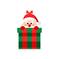 Vector art of cute cartoon santa claus peeking out of a green and red checkered gift box