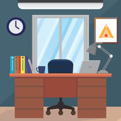 Fototapeta premium Office interior, modern business workspace flat vector illustration, square size.