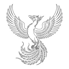Intricate black and white line art illustration of a mythical phoenix rising from flames