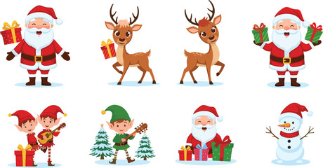 Cute Santa Claus, reindeer, Christmas elves, snowman, festive holiday gifts, cartoon character illustration, Xmas celebration, New Year decoration, joyful winter