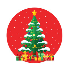 Obraz premium Vector art of a festive christmas tree decorated with ornaments and lights, adorned with snow, surrounded by colorful gift boxes, set against a vibrant red circular background with falling snow