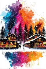 Obraz premium Winter Cabin Scene with Colorful Aura and Surreal Forest Background