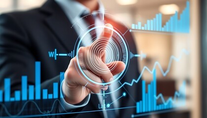 Close-up of a businessman's hand interacting with a digital financial data visualization with charts and graphs