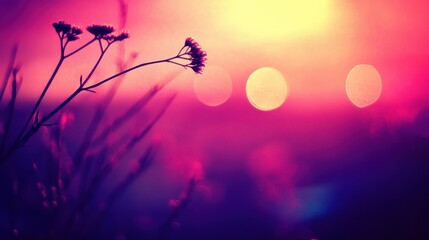 Dreamy twilight: Silhouetted wildflowers against a vibrant pink and yellow bokeh backdrop