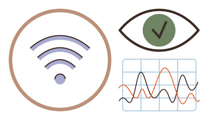 wireless signal icon, eye symbol with check mark, and line graph visualizing data trends. Ideal for technology, communication, security, analytics, networking monitoring connectivity. Simple flat