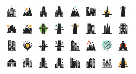 Collection of various icons representing urban landscapes and infrastructure development projects