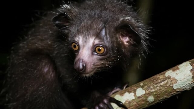 Aye-aye Lemur Close-Up: Nocturnal Primate on Branch in Madagascar Rainforest