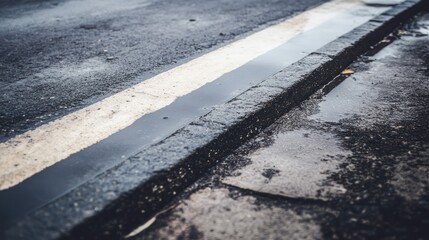 Wet urban streetscape showcasing a water-filled curb and road marking after the rain or street