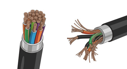 Detailed illustration of electrical cable construction showing internal conductors and insulation layers