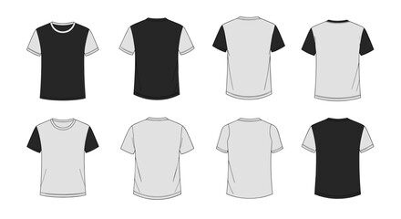 Set of graphic t-shirts showing different color combinations and sleeve designs perfect for apparel mockups