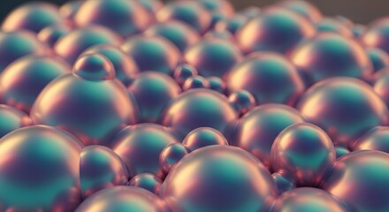A close-up, macro view of a cluster of iridescent, metallic spheres of varying sizes, reflecting light with a pearlescent sheen.