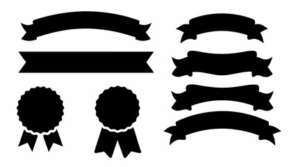 Illustration of various black ribbons and rosette shapes on a white background for graphic design use silhouette
