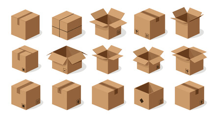 Fototapeta premium A collection of cardboard boxes in various states of assembly and openness