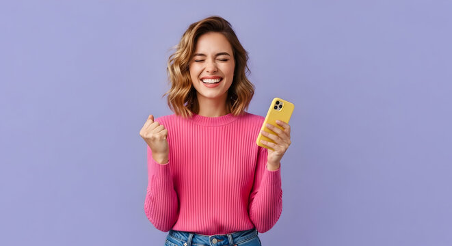 Happy young woman celebrating success using smartphone with cheerful expression and bright pink sweater against pastel purple background for social media or technology themes