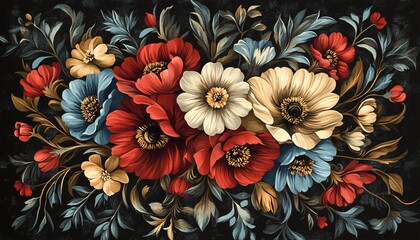 Fototapeta premium This stock illustration shows a detailed painting of red, blue, and cream-colored flowers with dark foliage against a black background.