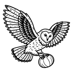 Obraz premium Black and white illustration of a barn owl in flight holding a pumpkin in its talons bird flying