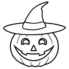 Happy halloween pumpkin wearing a witch hat outline