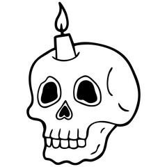 Skull with a lit candle on top black and white illustration
