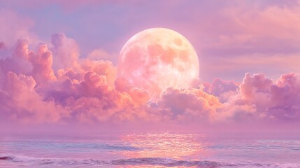 Serene pink and purple sky with full moon and reflecting water