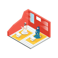 Isometric Activity Read the Qur'an in the month of Ramadan which is full of blessings Illustration in Blue Isolated Background With People and Digital Related Asset