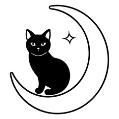 Black cat sitting on a crescent moon with a star