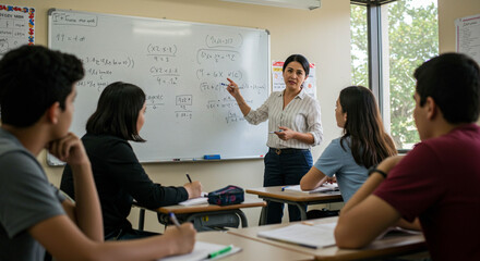 A teacher guides a classroom of students, explaining equations on a whiteboard, capturing a moment of academic pursuit.