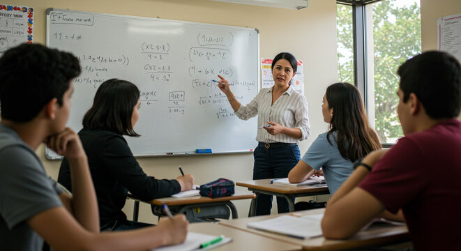 A teacher guides a classroom of students, explaining equations on a whiteboard, capturing a moment of academic pursuit.