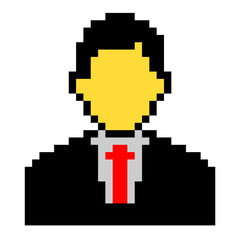 Pixel businessman icon vector for business, office work, and corporate themes. This simple, retro, 8-bit style is great for apps, websites, or games with a creative and nostalgic feel.