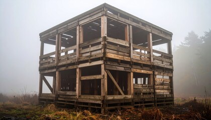 Obraz premium Wooden Bird Watching Tower in Foggy Forest.
