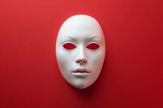 Plain white face mask with hollow eyes placed on bright red background symbolizing mystery, anonymity, theatre, performance, and abstract art concept