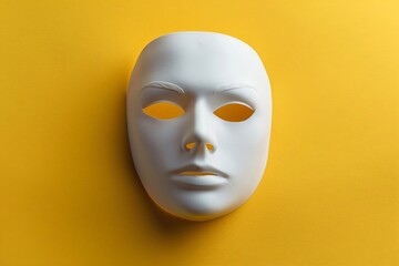 White theatrical mask isolated on yellow background symbolizing mystery anonymity drama performance and artistic identity
