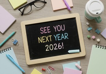 See you next year 2026 written on a chalkboard with office supplies