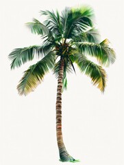 Tall tropical coconut palm tree with long green fronds and textured trunk, isolated on white background, symbolizing exotic beach nature, summer holiday, and tropical landscape atmosphere