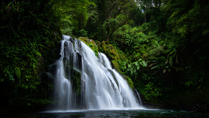 Obraz premium Lush green jungle waterfall cascading over mossy rocks into dark water forest