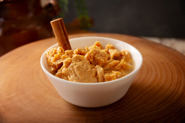 Chongos Zamoranos. A Mexican dessert made from curdled milk prepared with syrup and cinnamon, it has a consistency similar to that of a soft, sweet cheese. They are homemade and also available canned.