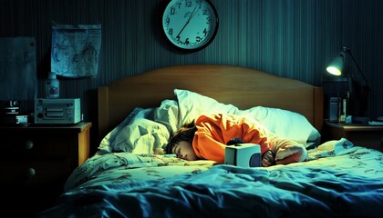 A child in an orange pajama sleeps peacefully in their bed, a small radio sits beside them on the bed, softly glowing in the dark room.
