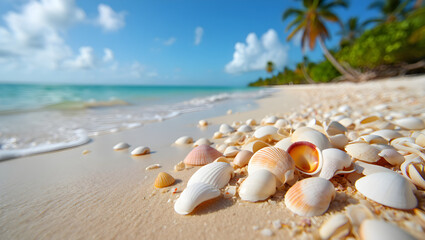 Seashells scattered on a sandy beach with turquoise ocean waves water